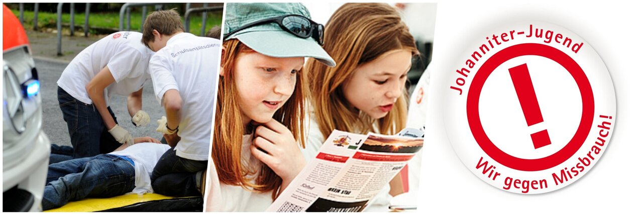 Eine Collage: Schulsanitäter*innen kümmern sich um einen Verletzten. Ein Mädchen liest in einer Zeitschrift. Das Logo des Präventionskonzeptes !ACHTUNG.